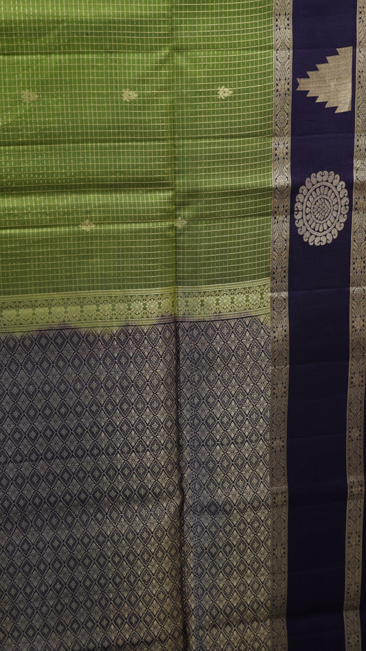 Pure Soft Silk Saree-Olive Green With Wine Checks