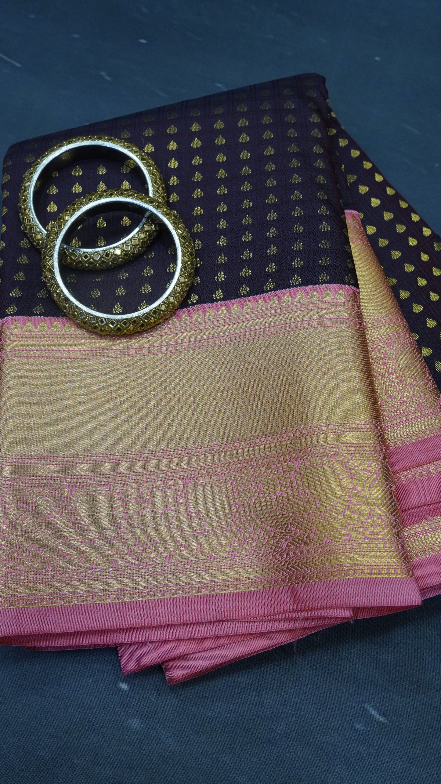 Semi Kanchipuram Silk Saree - Brown Pink 1000 Butta
