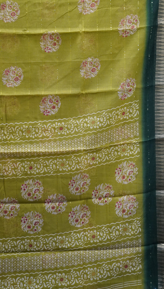 Chanderi Cotton Saree-Floral Sequence-Olive Green
