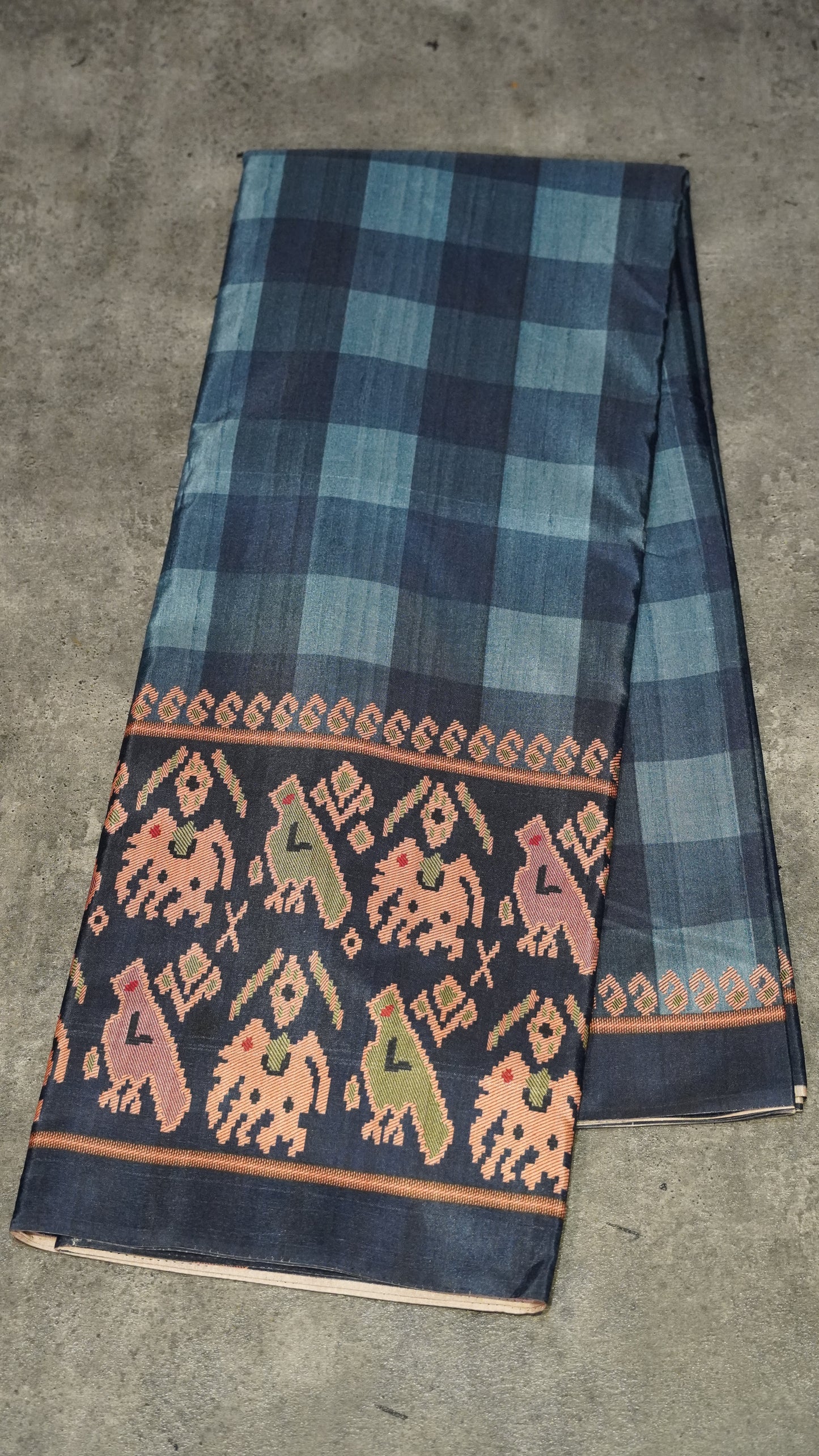 Semi Tussar Saree Checkered Pattern Blue