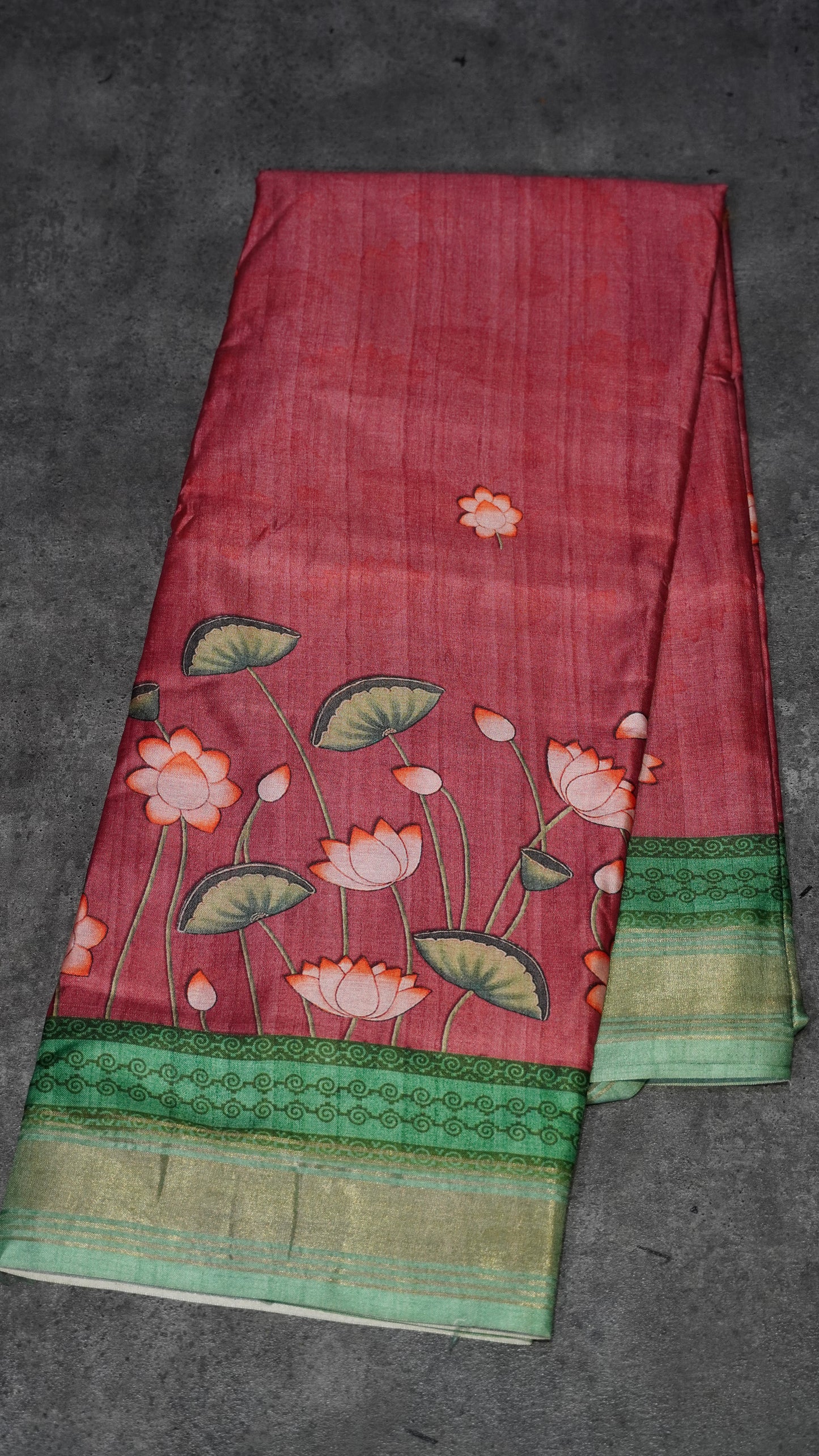 Semi Printed Pichwai Silk Saree Onion Pink to Green