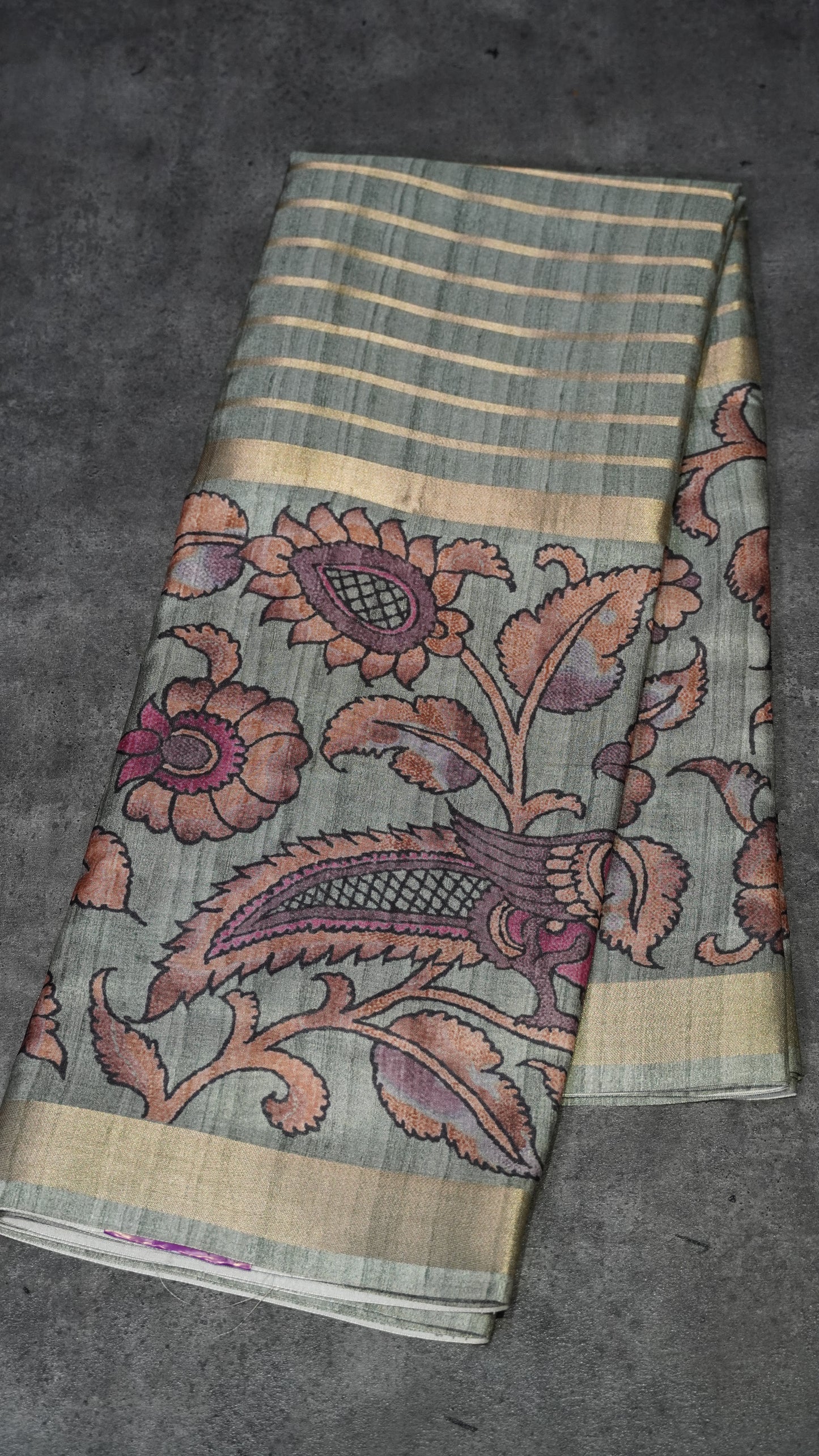 Semi Printed Kalamkari Silk Saree Green