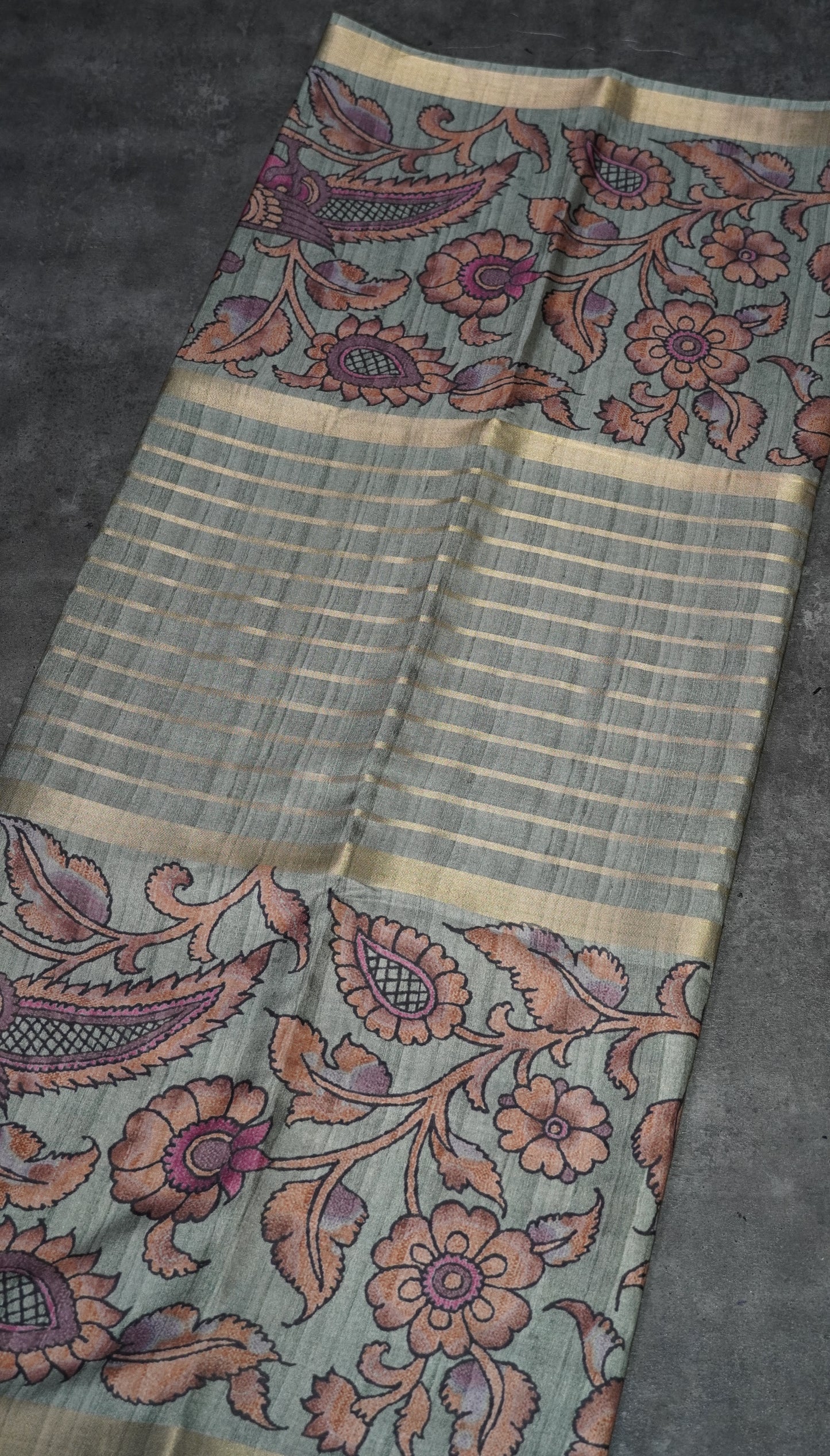 Semi Printed Kalamkari Silk Saree Green