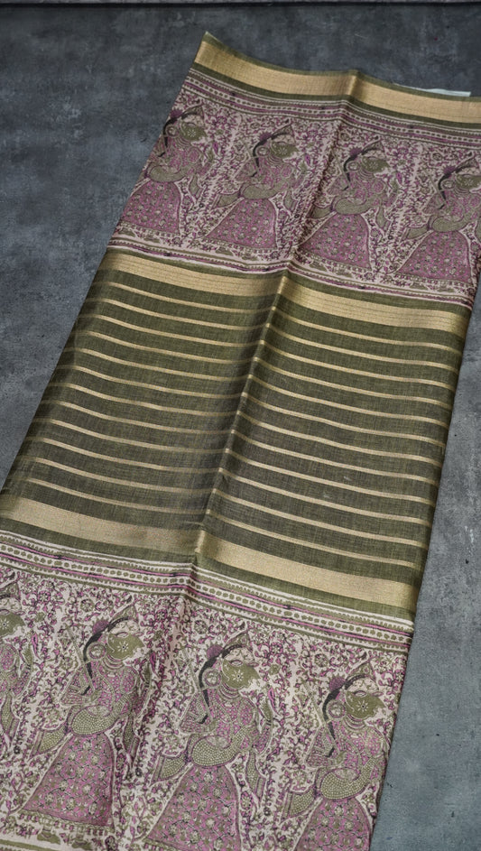 Semi Printed Pichwai Silk Saree Olive Green