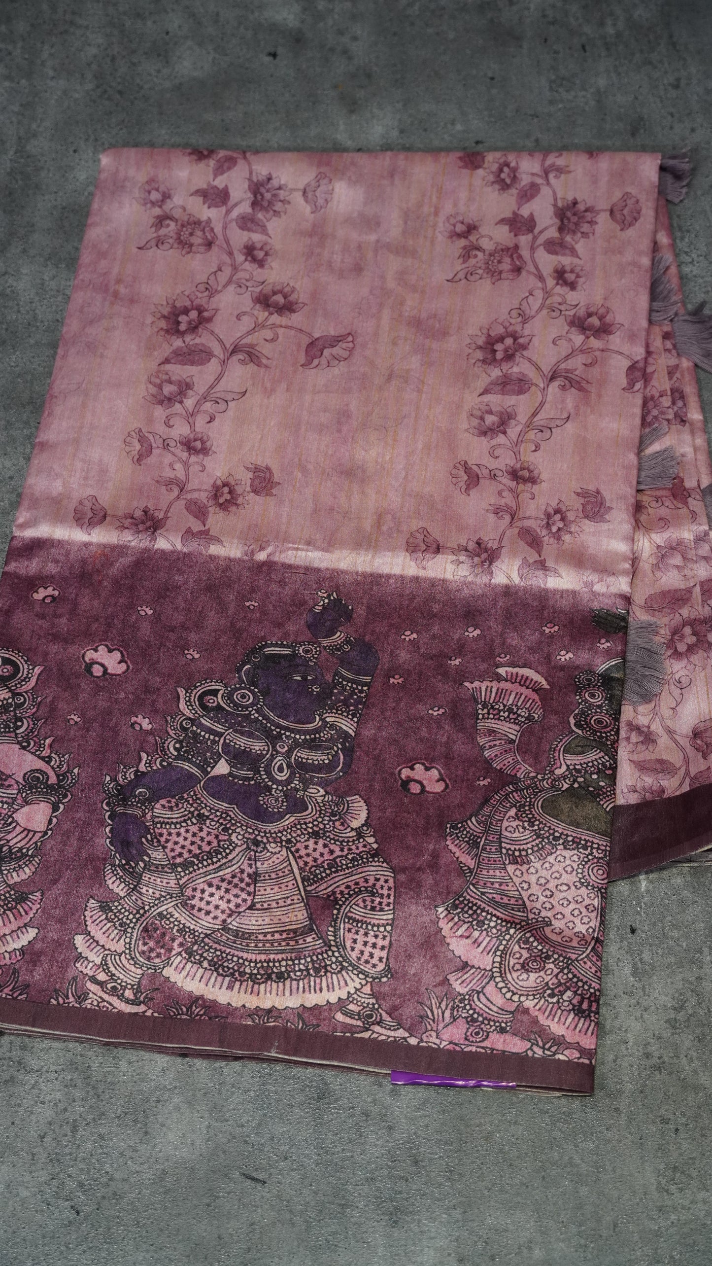 Semi Tussar Saree Kalamkari With Floral Pattern Pruple