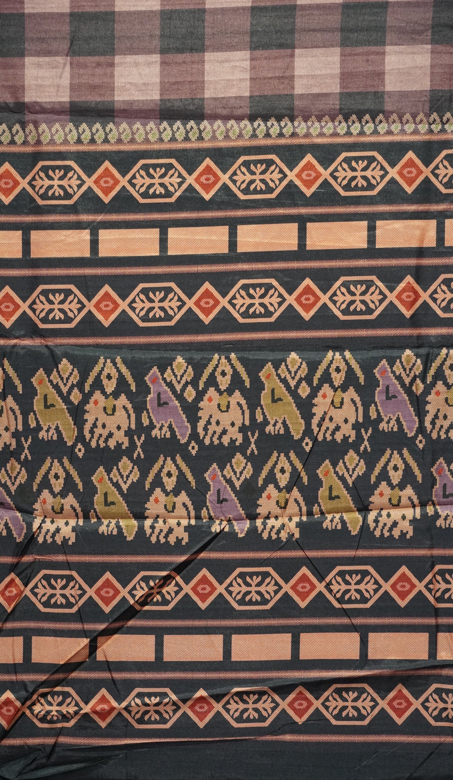 Semi Tussar Saree Checkered Pattern Wine