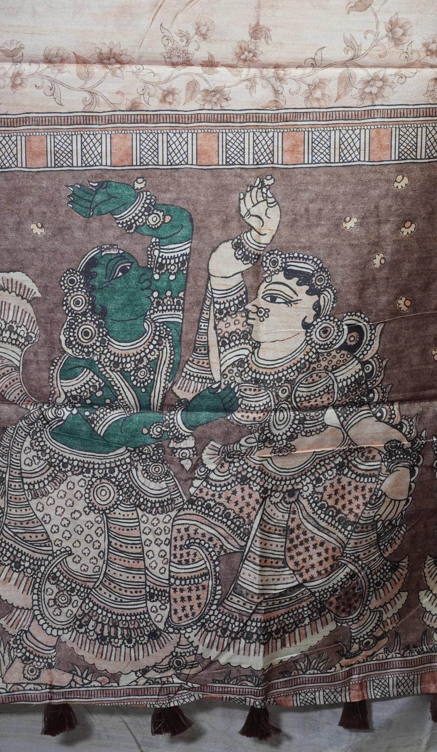 Semi Tussar Saree Kalamkari With Floral Pattern Brown