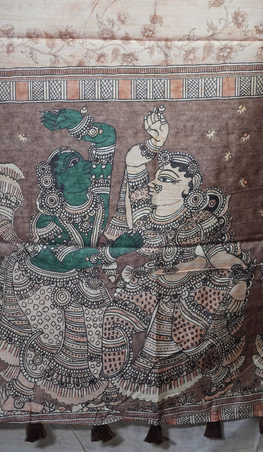 Semi Tussar Saree Kalamkari With Floral Pattern Brown