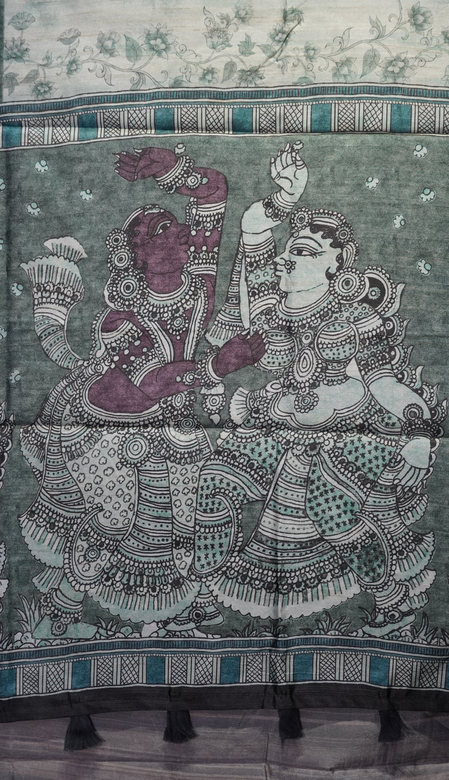 Semi Tussar Saree Kalamkari With Floral Pattern Green