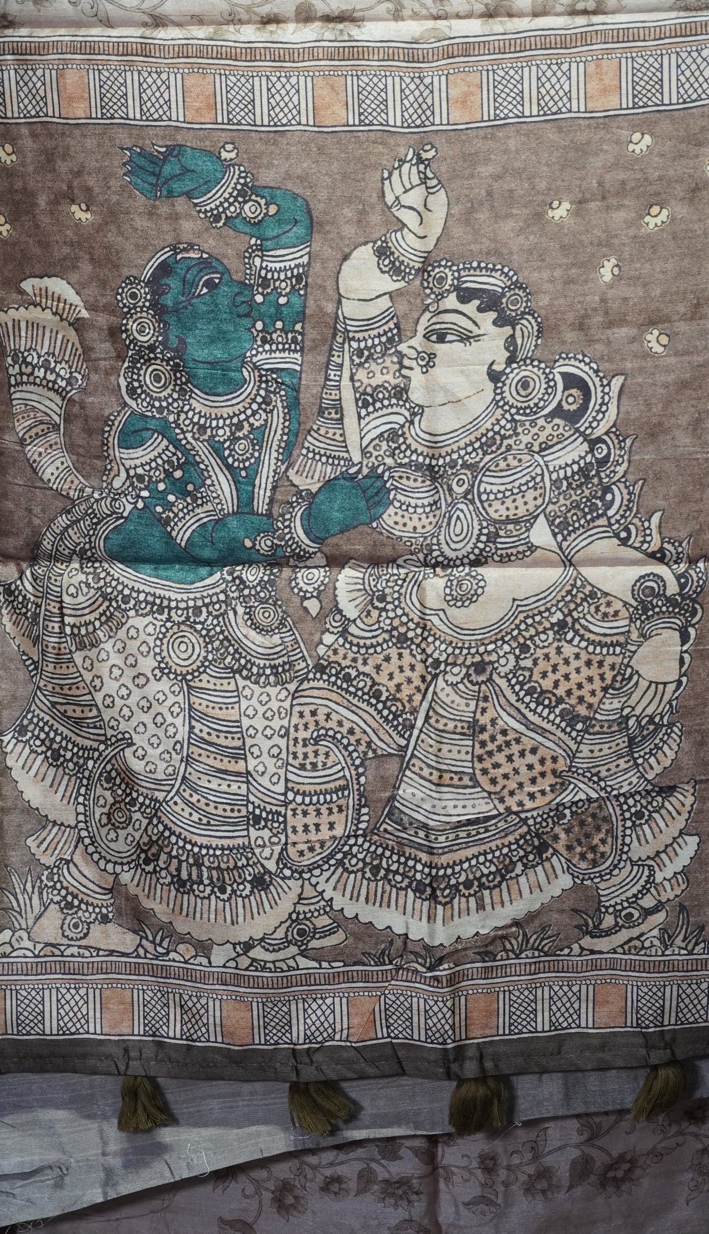 Semi Tussar Saree Kalamkari With Floral Pattern Mehandi Green
