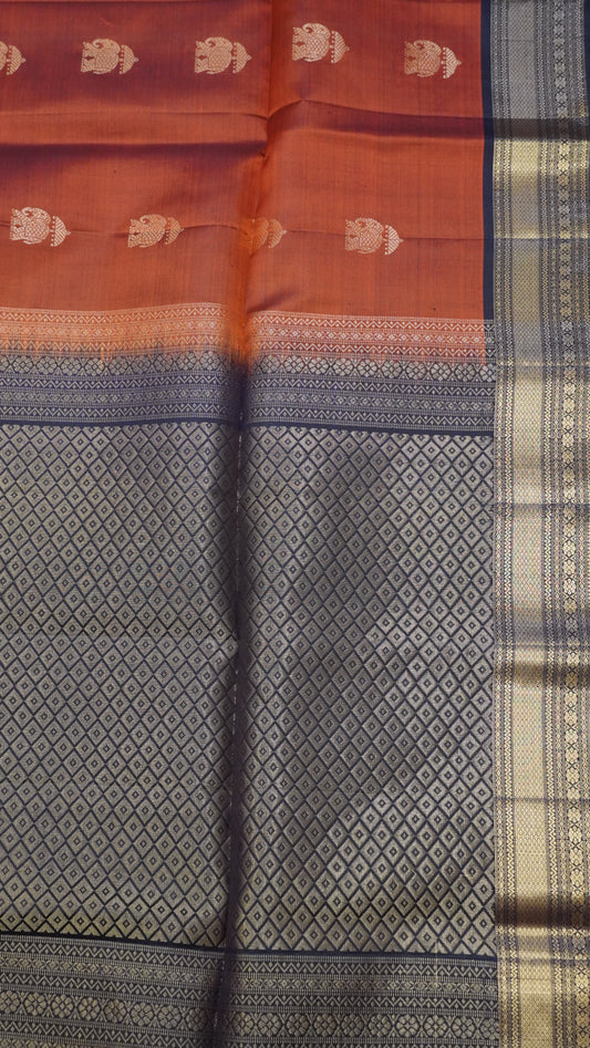 Pure Kanjivaram Silk Saree -Elephant Butta Honey-Brown