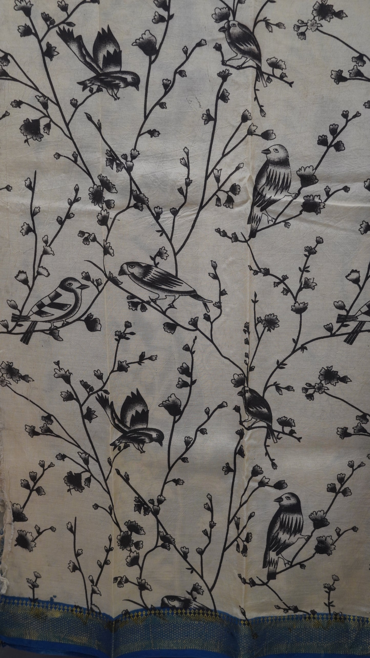 Kalamkari Silk Saree-Beige in Paisley Motifs with Contrast Border