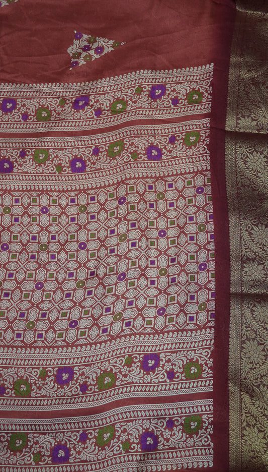 Semi Chiffon Saree- Garden Floral Muted Maroon
