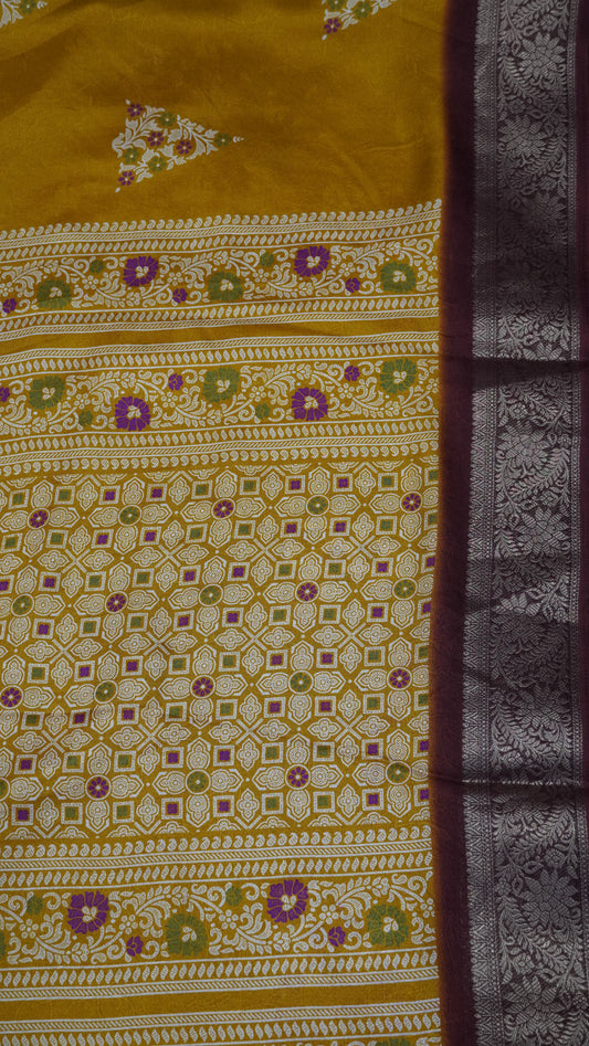 Semi Chiffon Saree- Garden Floral Mustard