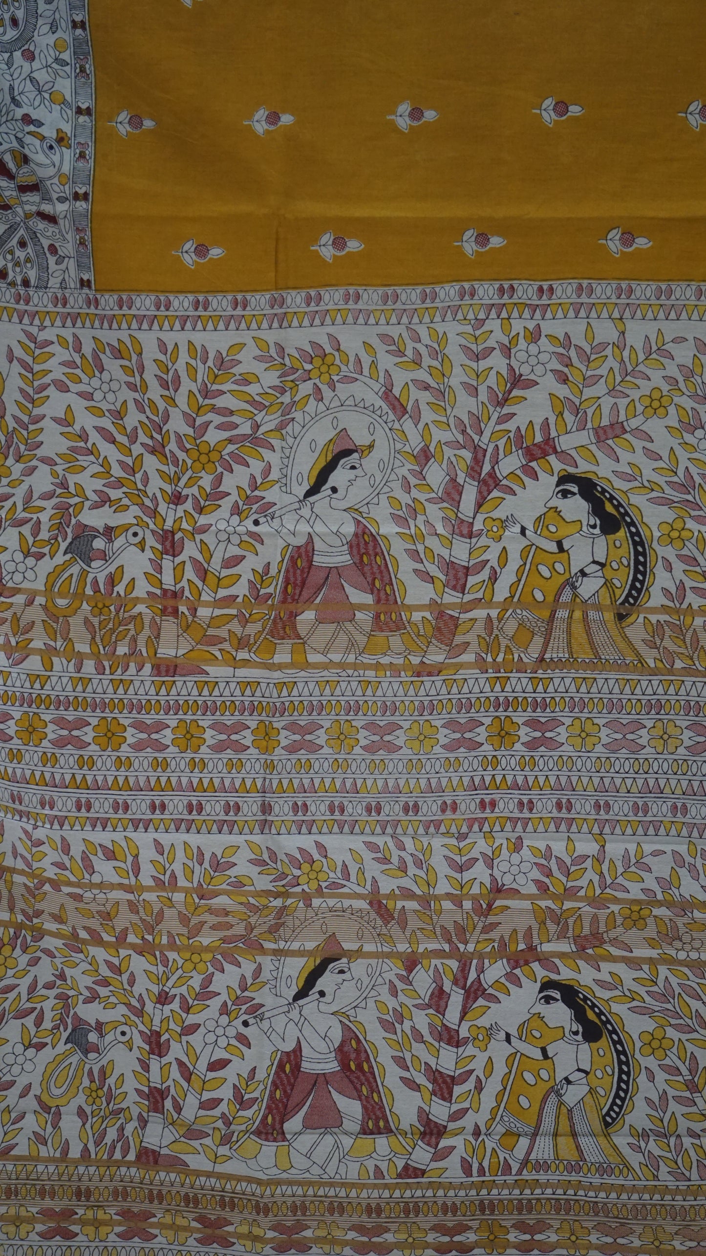 Semi Linen Mustard Yellow Saree With Madhubani Print
