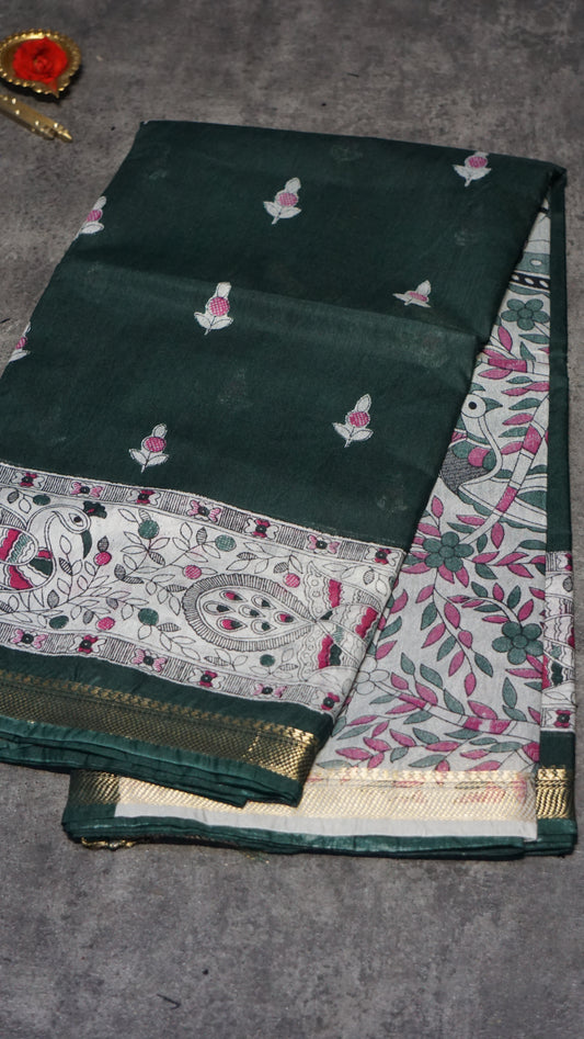 Semi Linen Bottle Green Saree With Madhubani Print
