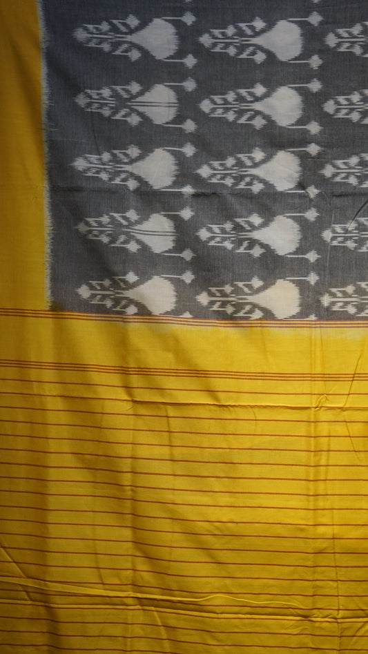Pochampally Cotton double Ikkat Saree Grey - Yellow