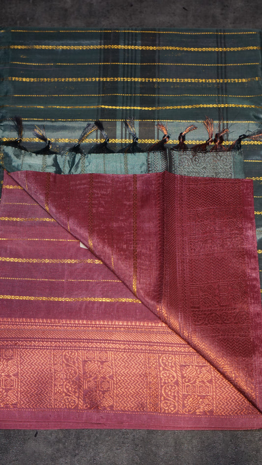 Vazhai Naaru Pattu Saree Velthari Metallic Green - Pink