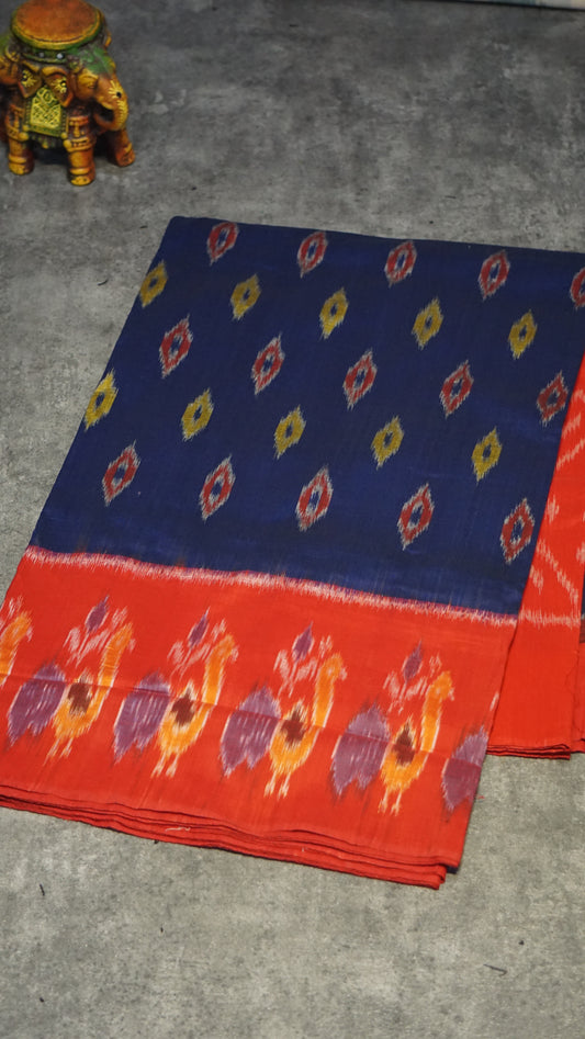 Pochampally Cotton double Ikkat Saree Dark Blue - Red