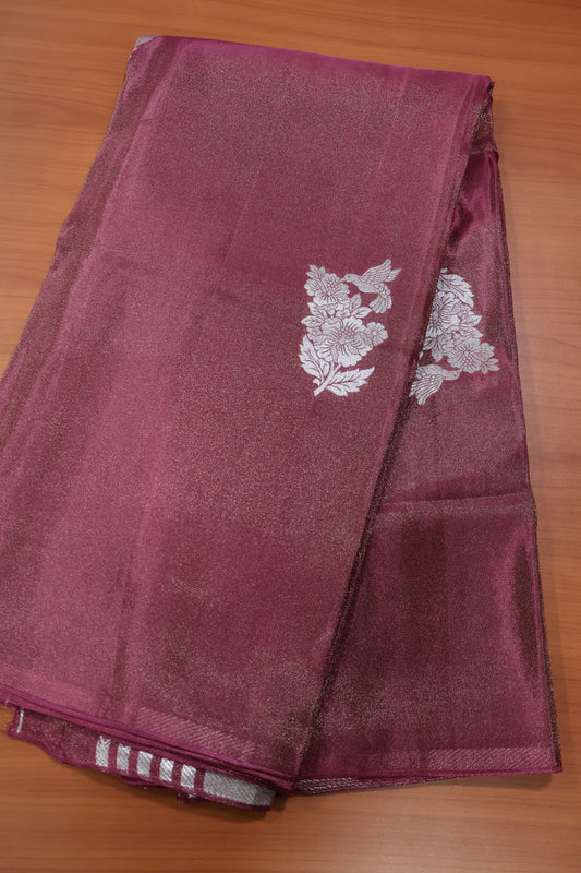 Tissue Silk Saree- Light Wine Silver Floral Accent