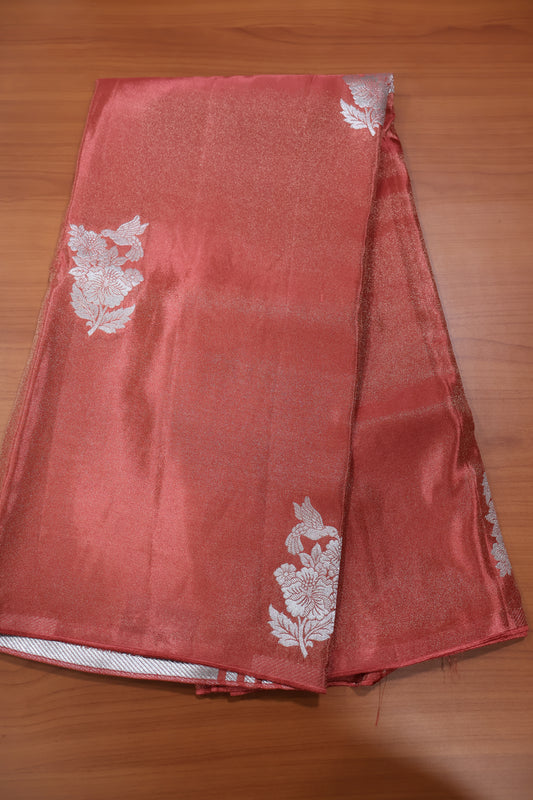 Tissue Silk Saree- Orange Silver Floral Accent