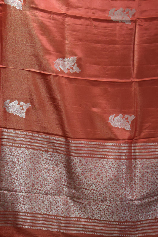 Tissue Silk Saree- Orange Silver Floral Accent