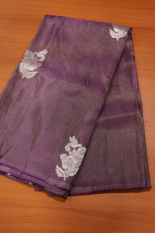 Tissue Silk Saree- Purple Silver Floral Accent