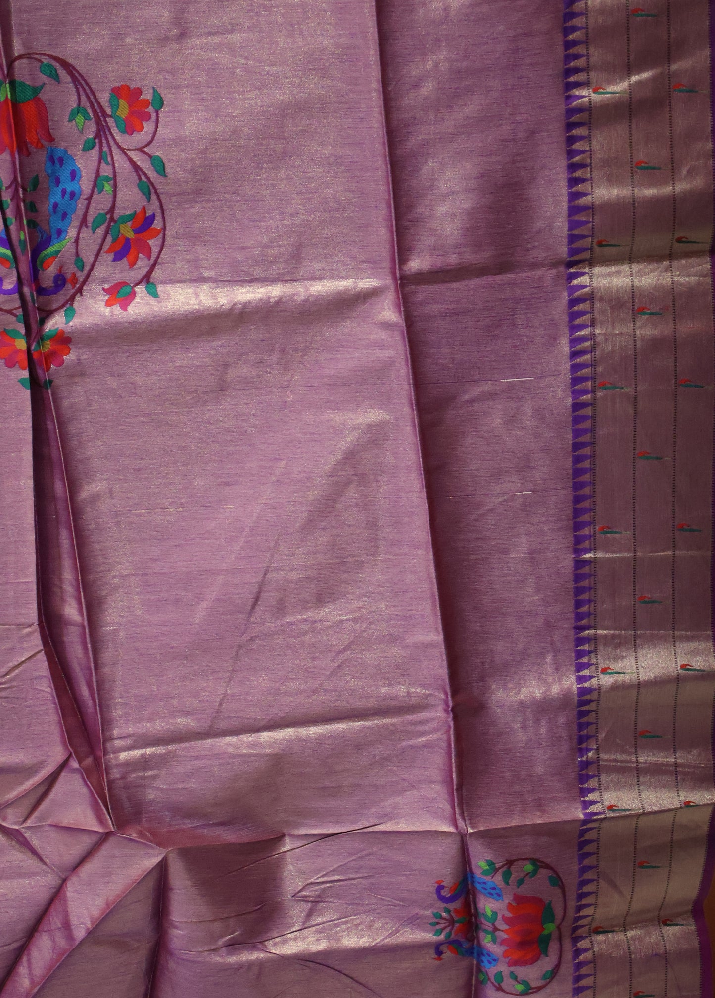 Semi Raw Silk Saree - Voilet Paithani Big Peacock Pallu