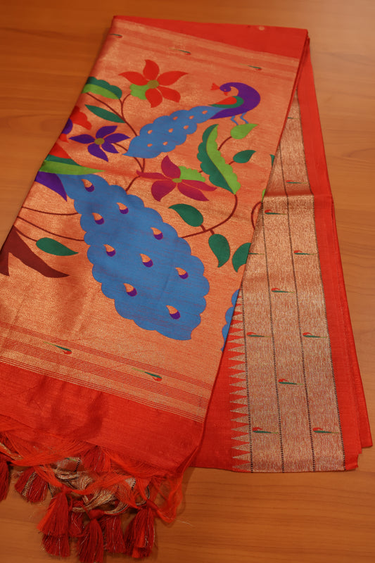 Semi Raw Silk Saree - Red Paithani Big Peacock Pallu