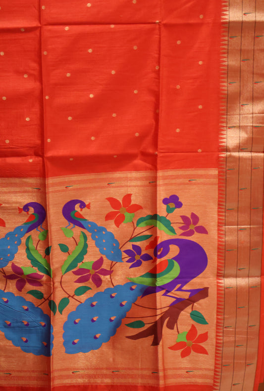 Semi Raw Silk Saree - Red Paithani Big Peacock Pallu