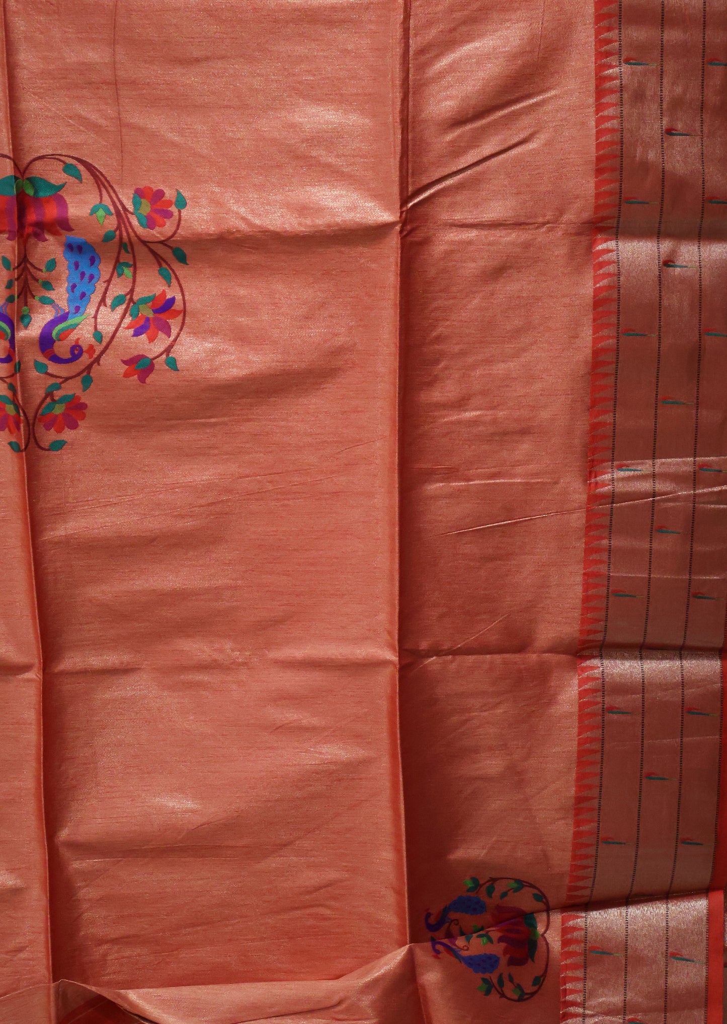 Semi Raw Silk Saree - Red Paithani Big Peacock Pallu