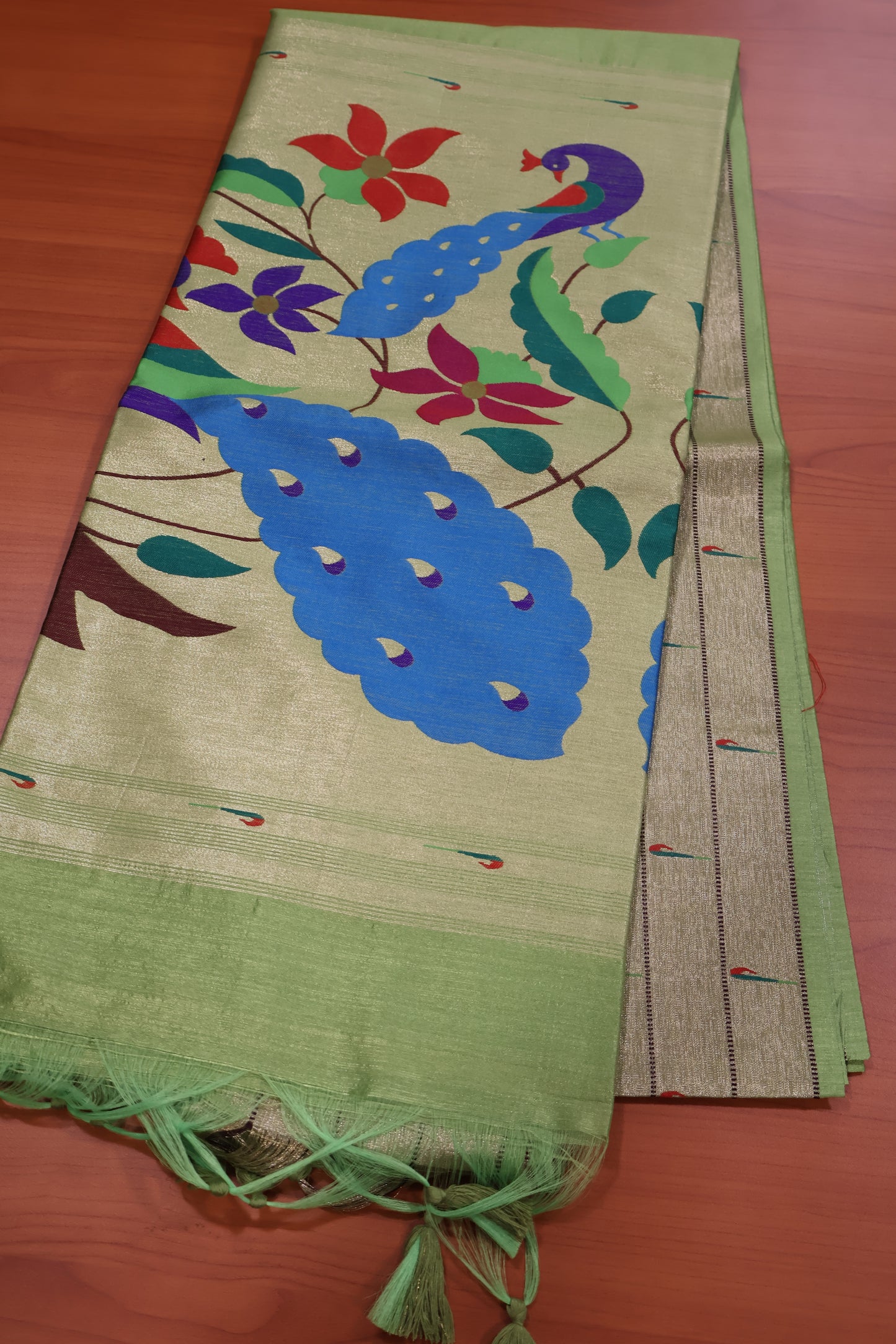Semi Raw Silk Saree - Pista Green Paithani Big Peacock Pallu