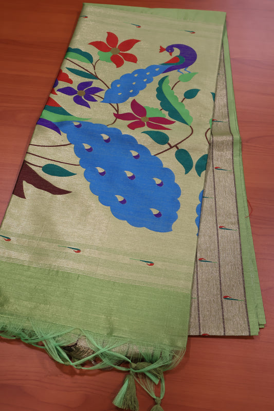 Semi Raw Silk Saree - Pista Green Paithani Big Peacock Pallu