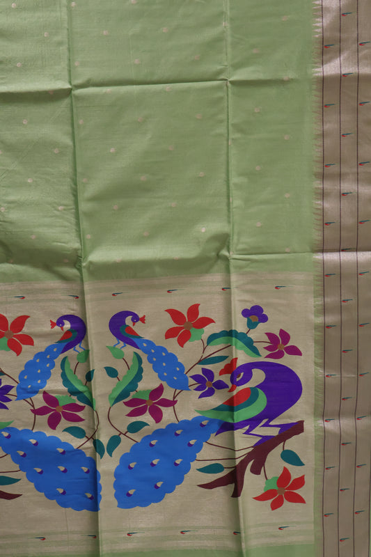 Semi Raw Silk Saree - Pista Green Paithani Big Peacock Pallu