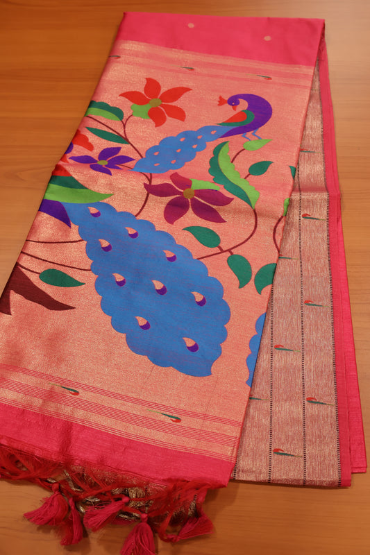 Semi Raw Silk Saree - Rani PInk Paithani Big Peacock Pallu
