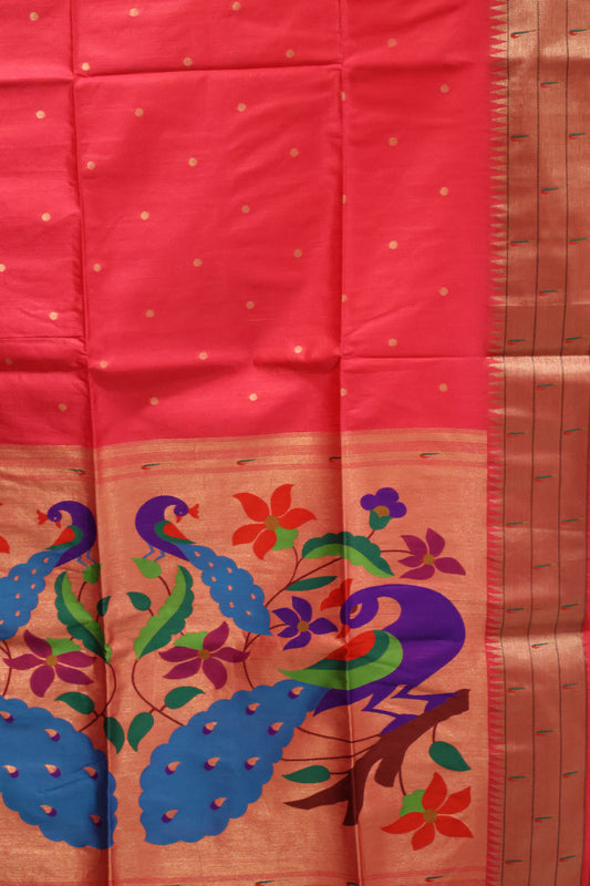 Semi Raw Silk Saree - Rani PInk Paithani Big Peacock Pallu