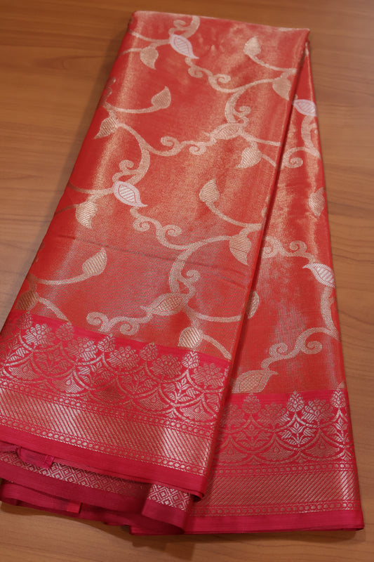Semi Banarasi Tissue Silk Saree-Orange Vineyard