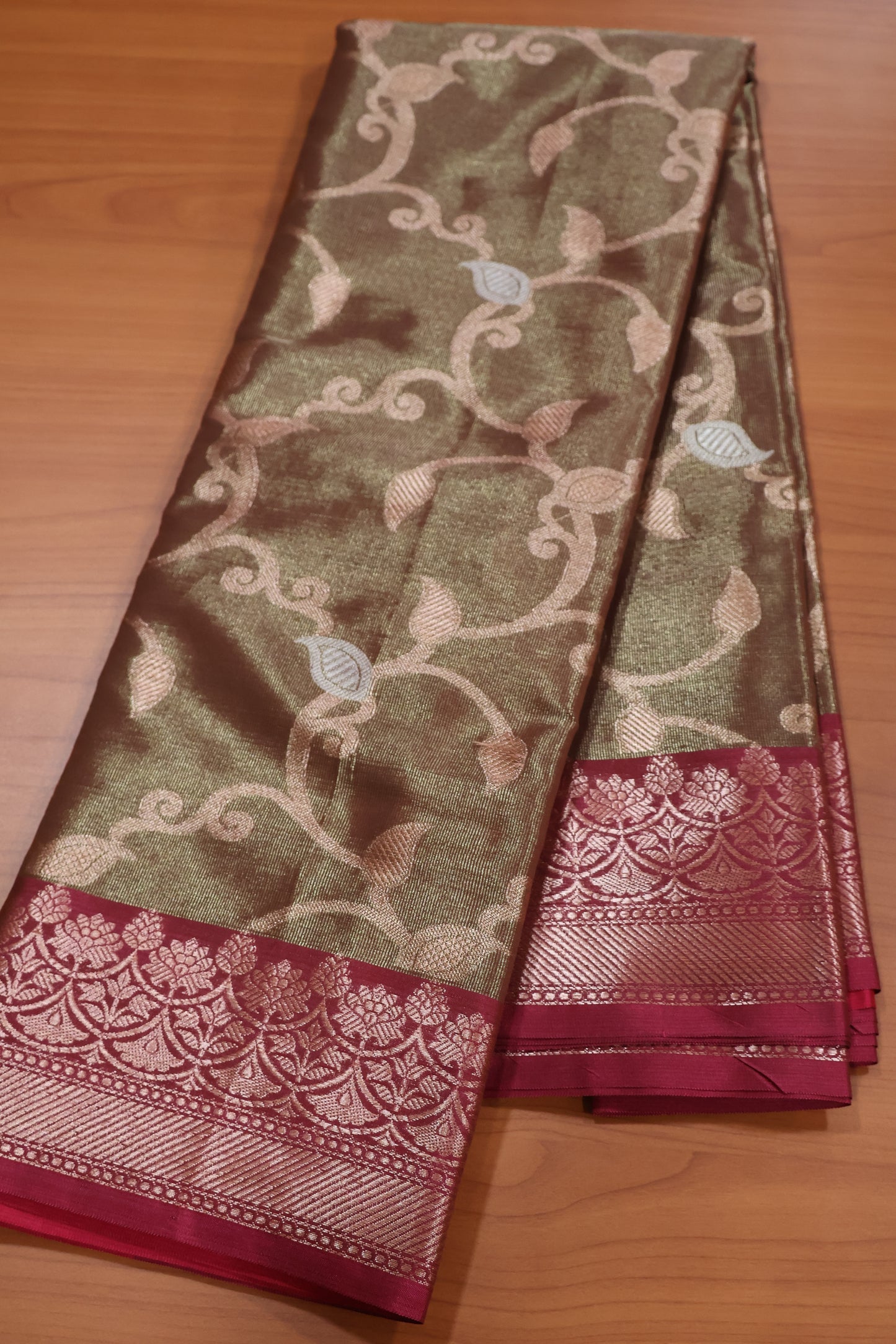 Semi Banarasi Tissue Silk Saree- Golden Brown Vineyard