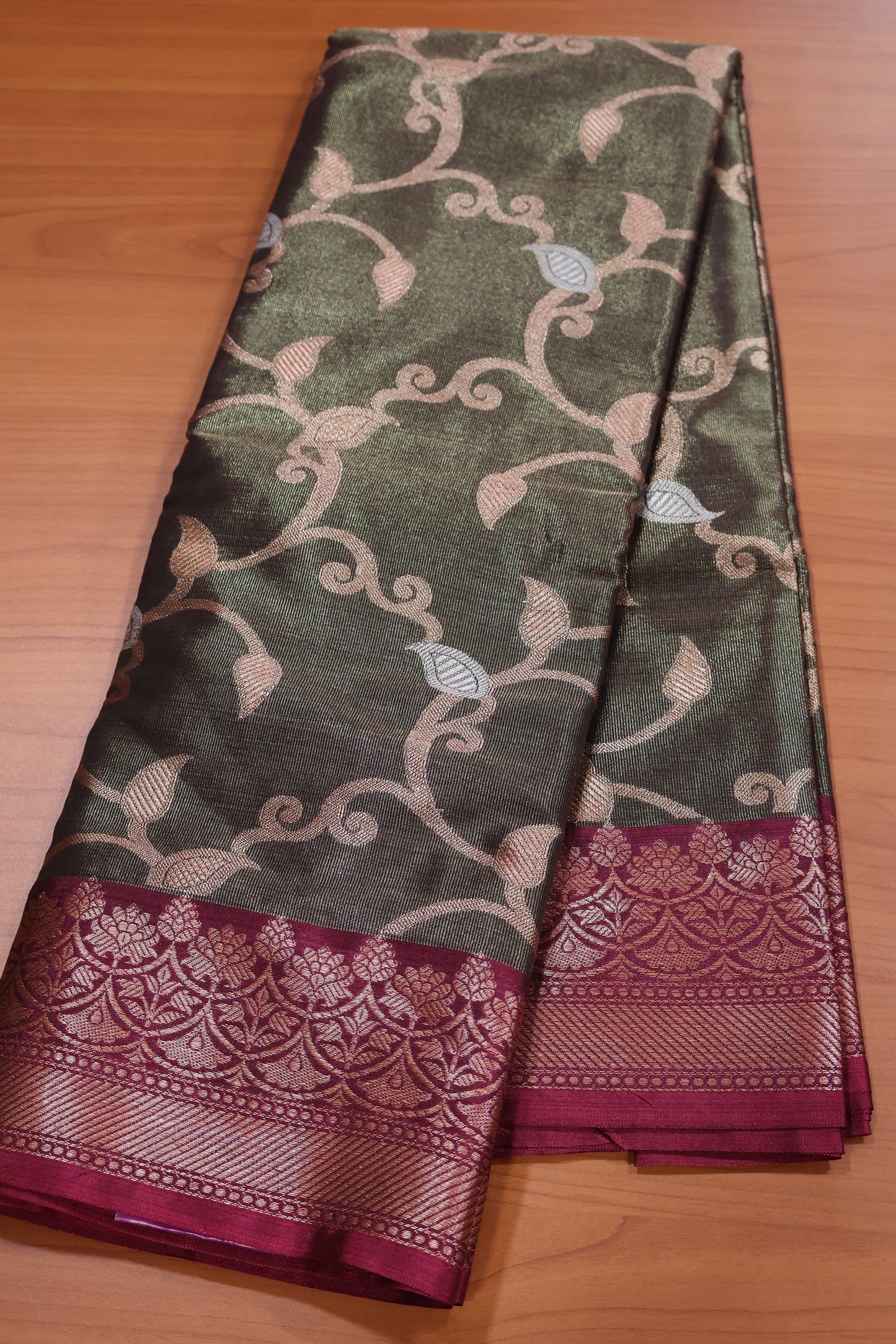 Semi Banarasi Tissue Silk Saree- Sage Green Vineyard