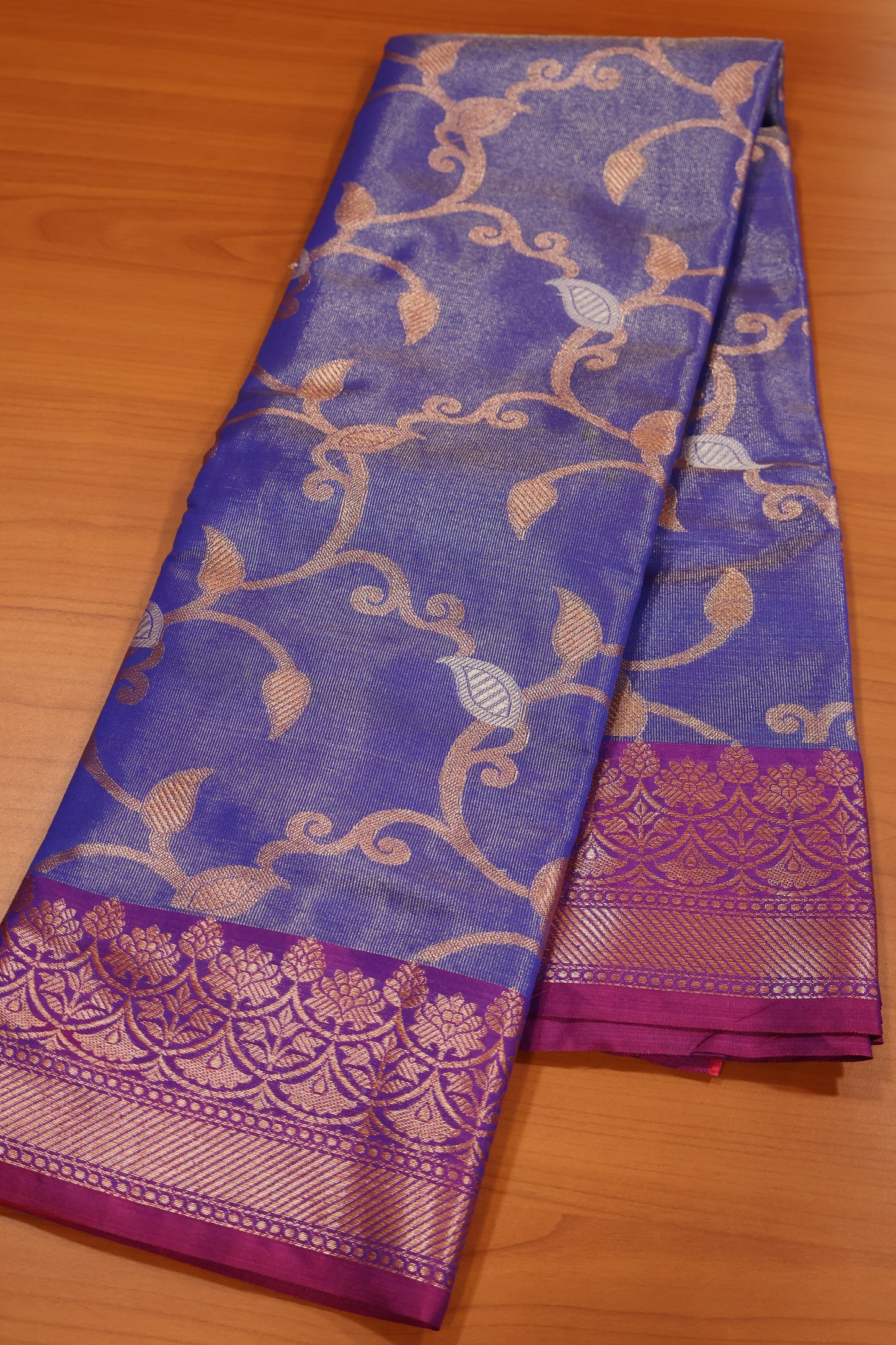 Semi Banarasi Tissue Silk Saree- Ink Blue Vineyard