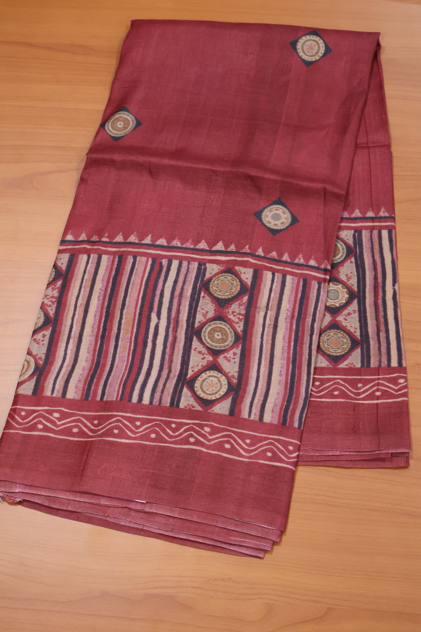 Pure Tussar Saree - Maroon Lines