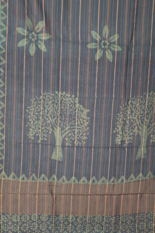 Pure Tussar Saree - Peacock Blue Floral Print