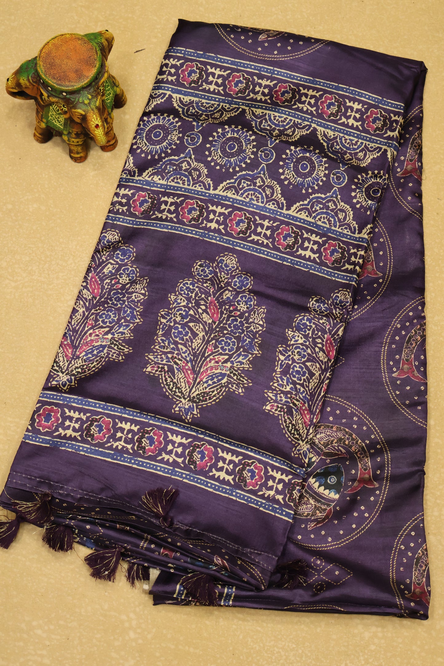 Paper Silk Saree-Purple Round Fish Pattern