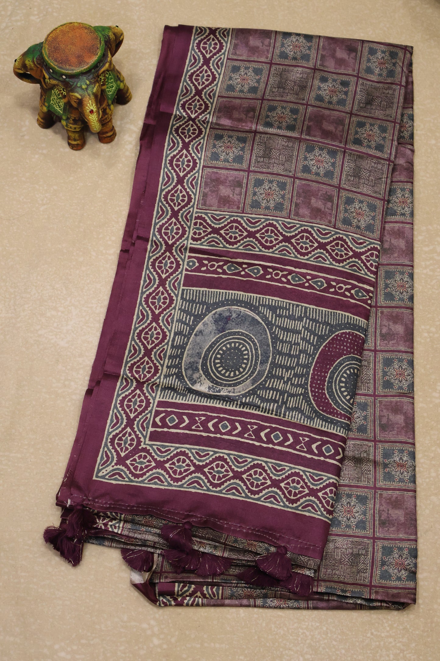 Paper Silk Saree-Wine Checks Pattern