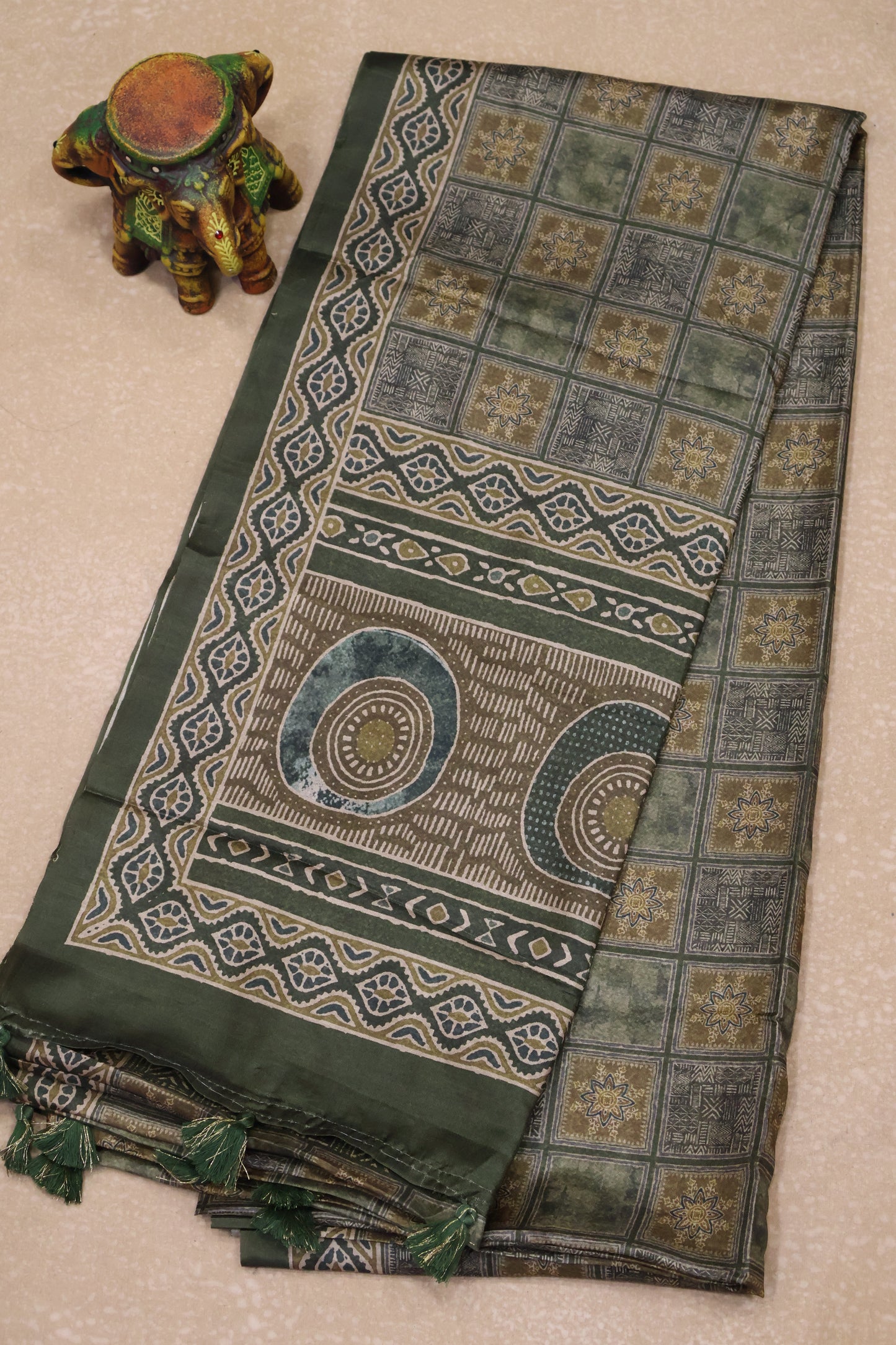 Paper Silk Saree-Green Checks Pattern