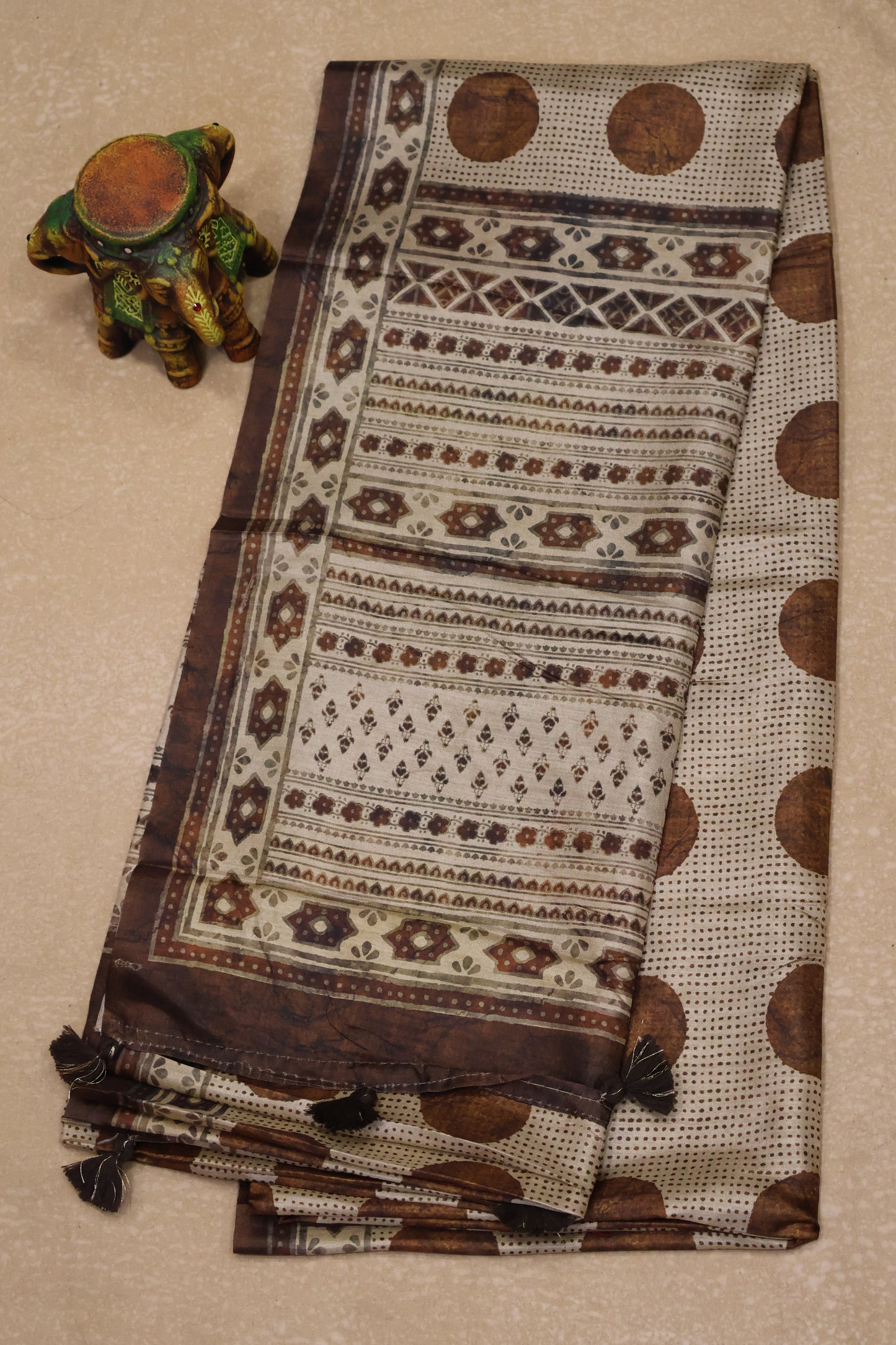 Paper Silk Saree-Brown Big Round Design