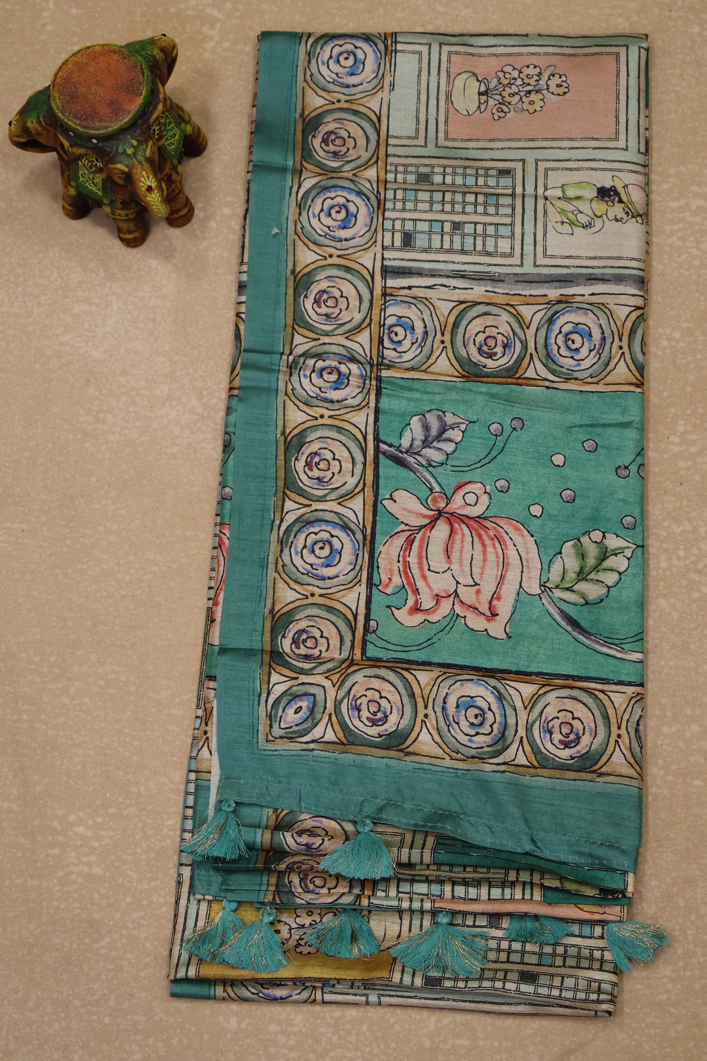 Paper Silk Saree-Green Flower Round Design