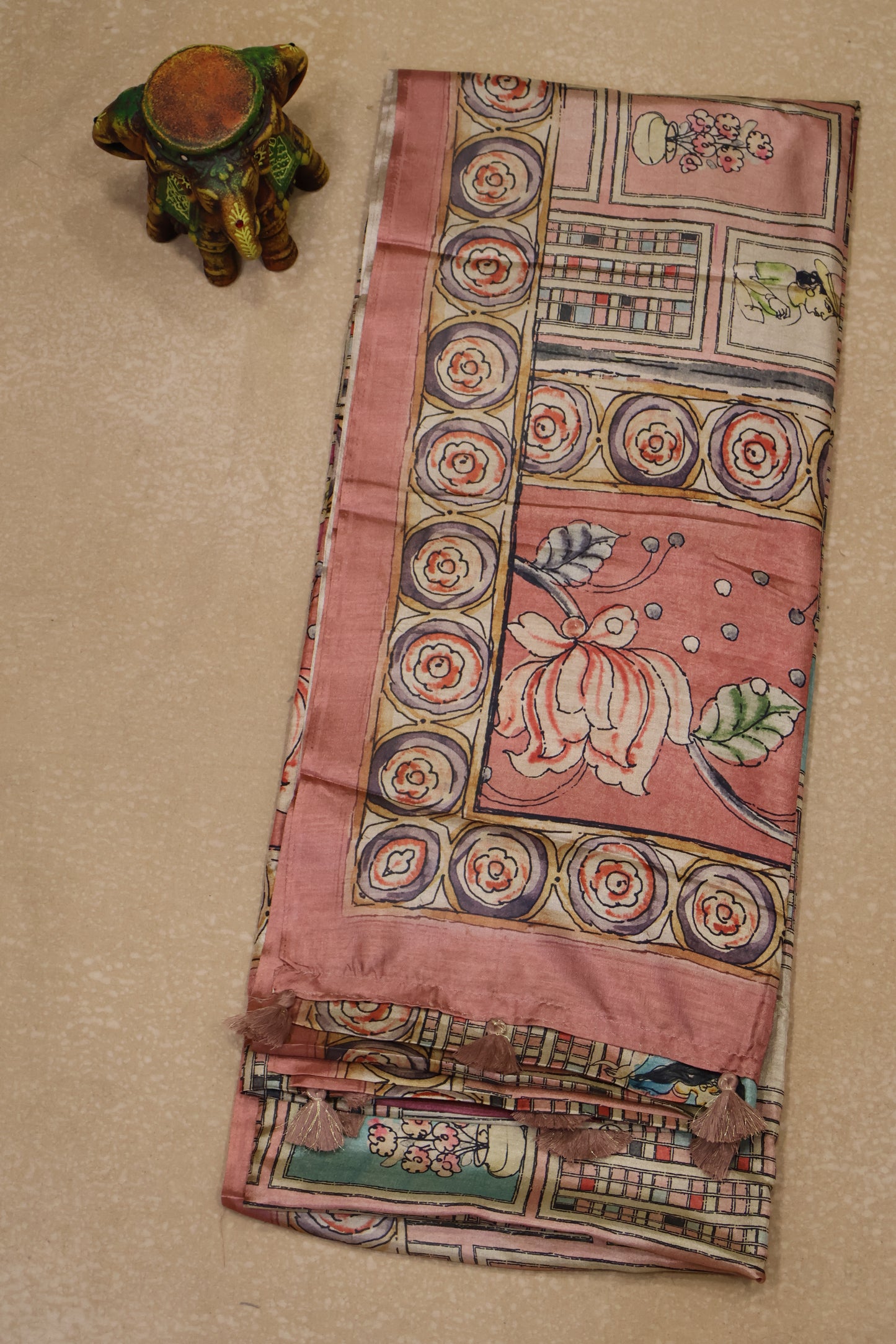 Paper Silk Saree-Muted Maroon Flower Round Design