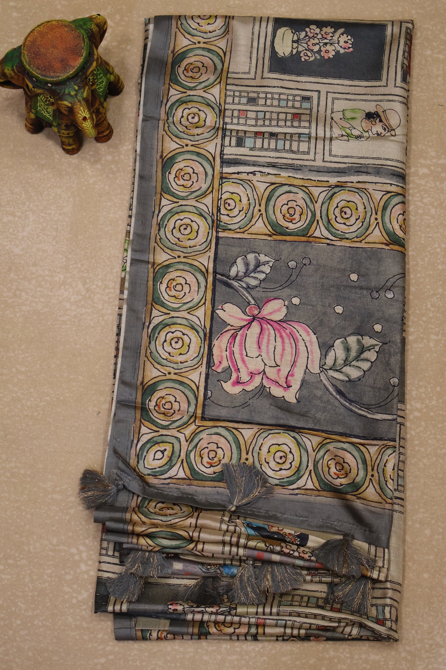 Paper Silk Saree-Grey Flower Round Design
