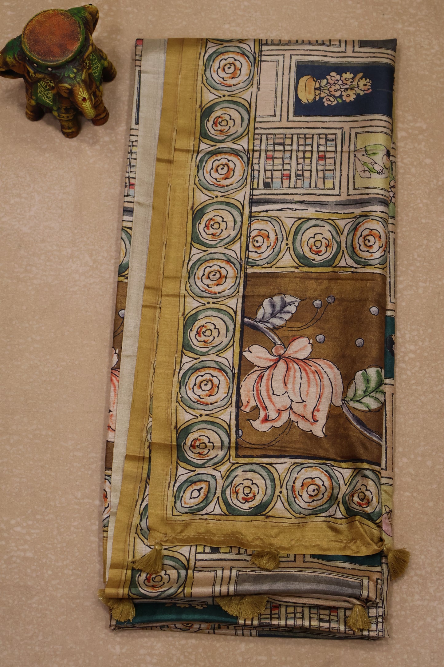 Paper Silk Saree-Mustard Flower Round Design